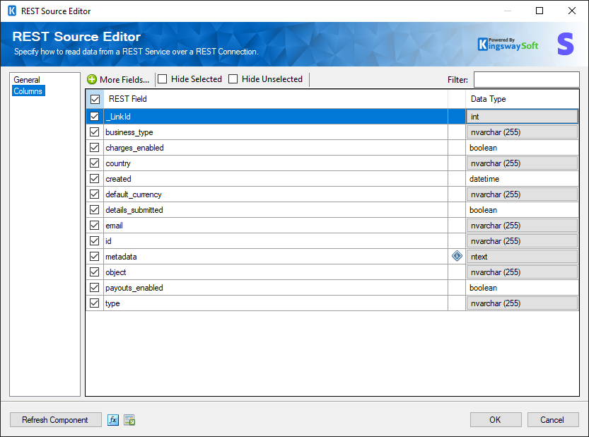 SSIS Stripe REST Source - Columns